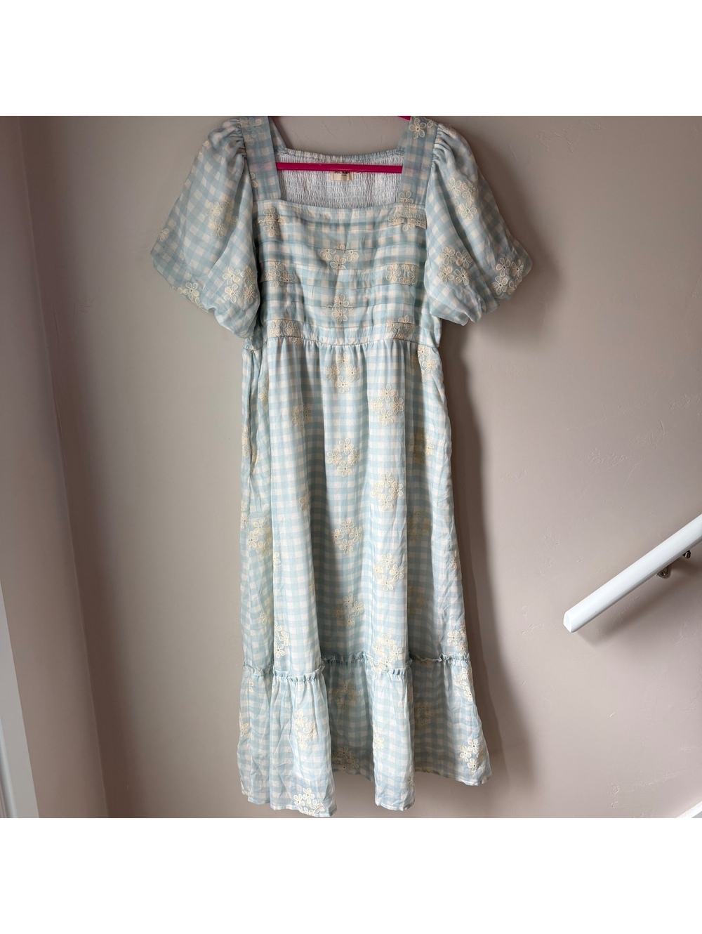 Polagram Blue Gingham Floral Embroidered Midi Dress | Large | Cottagecore Y2K